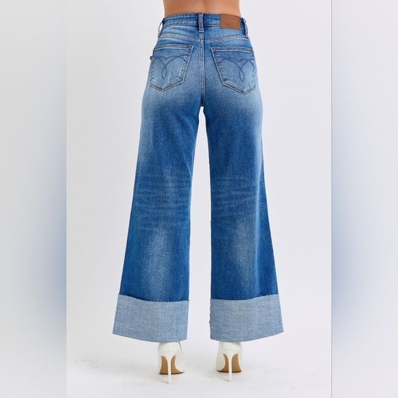 Judy Blue High Rise Medium Wash Cuffed Wide Leg Jeans Retro Regular Plus NEW - Picture 9 of 15